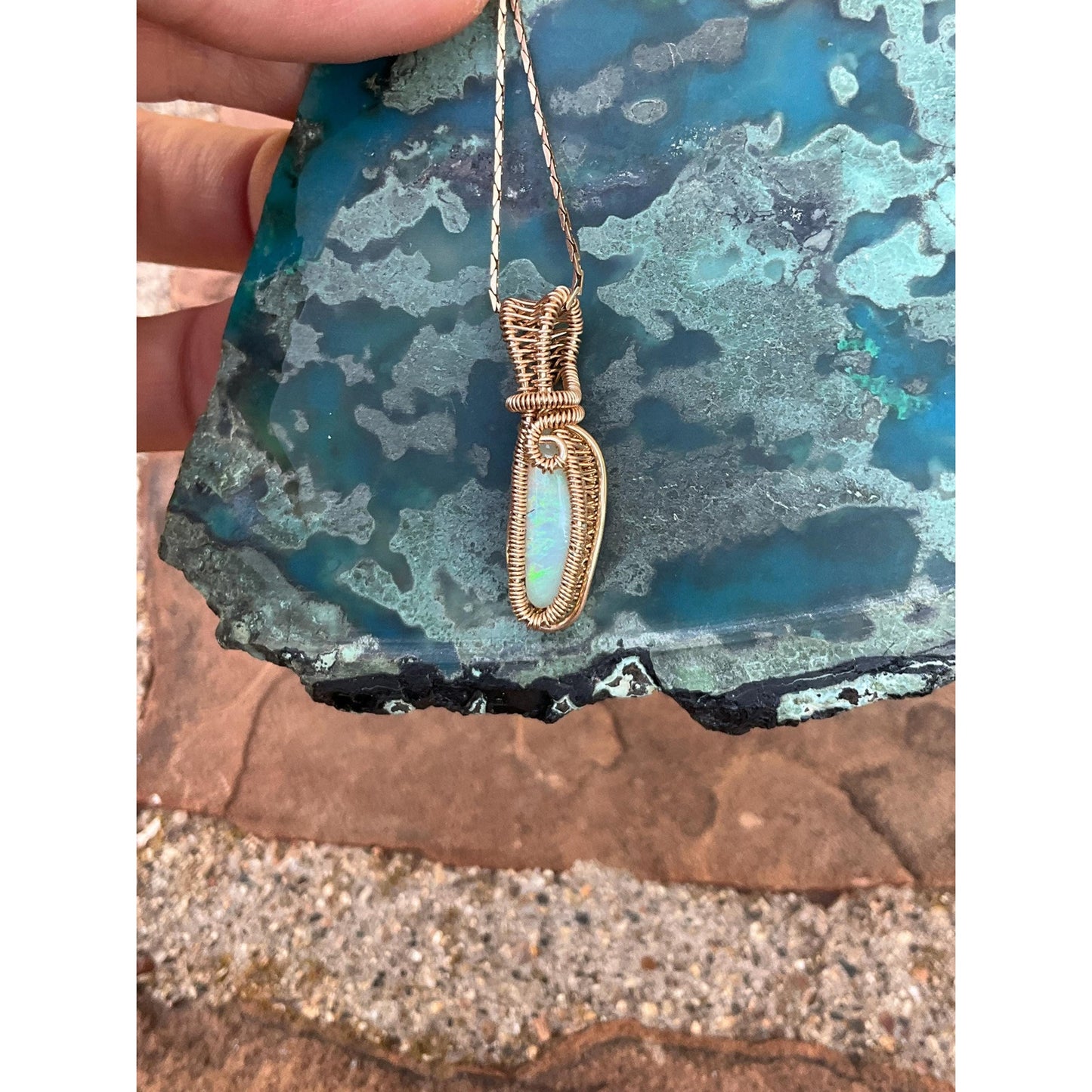 Cooper Pedy Opal In 14K Gold Wire Wrap Pendant