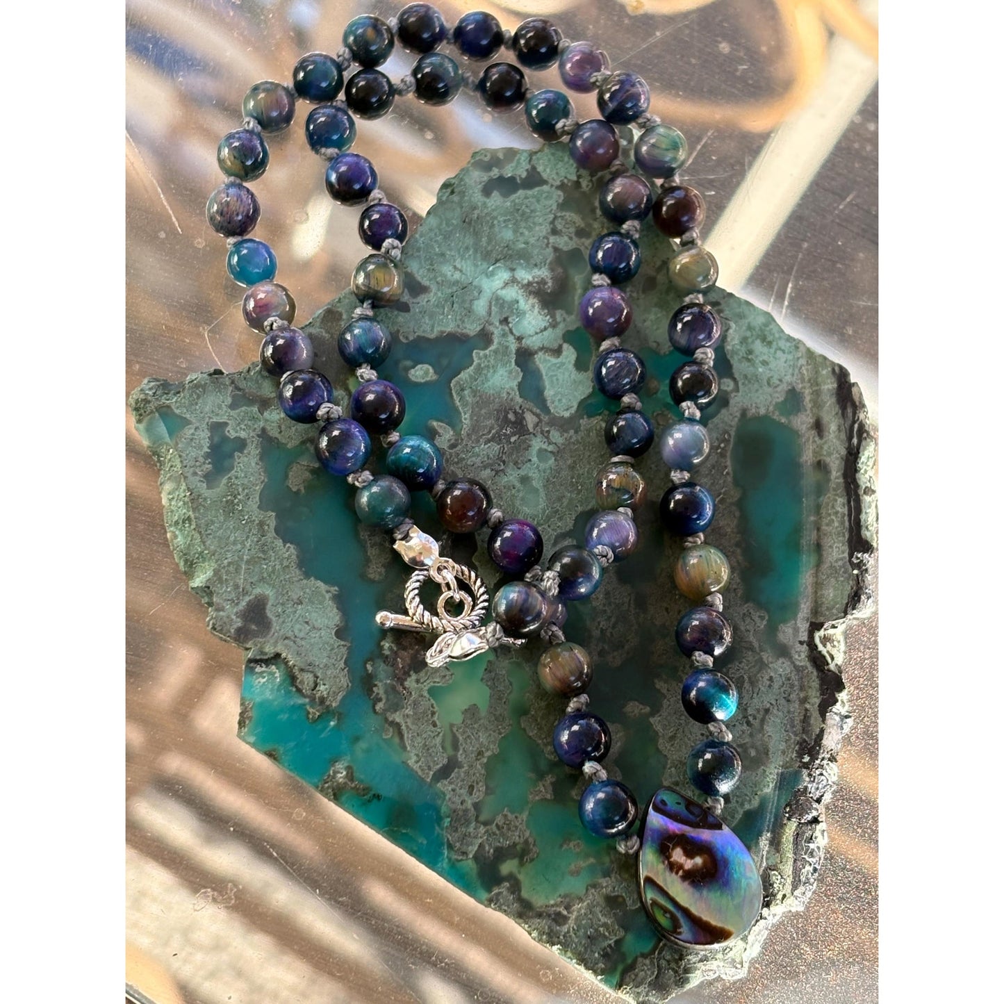 Tiger Eye Hand Knotted Crystal Necklace With Abalone Shell