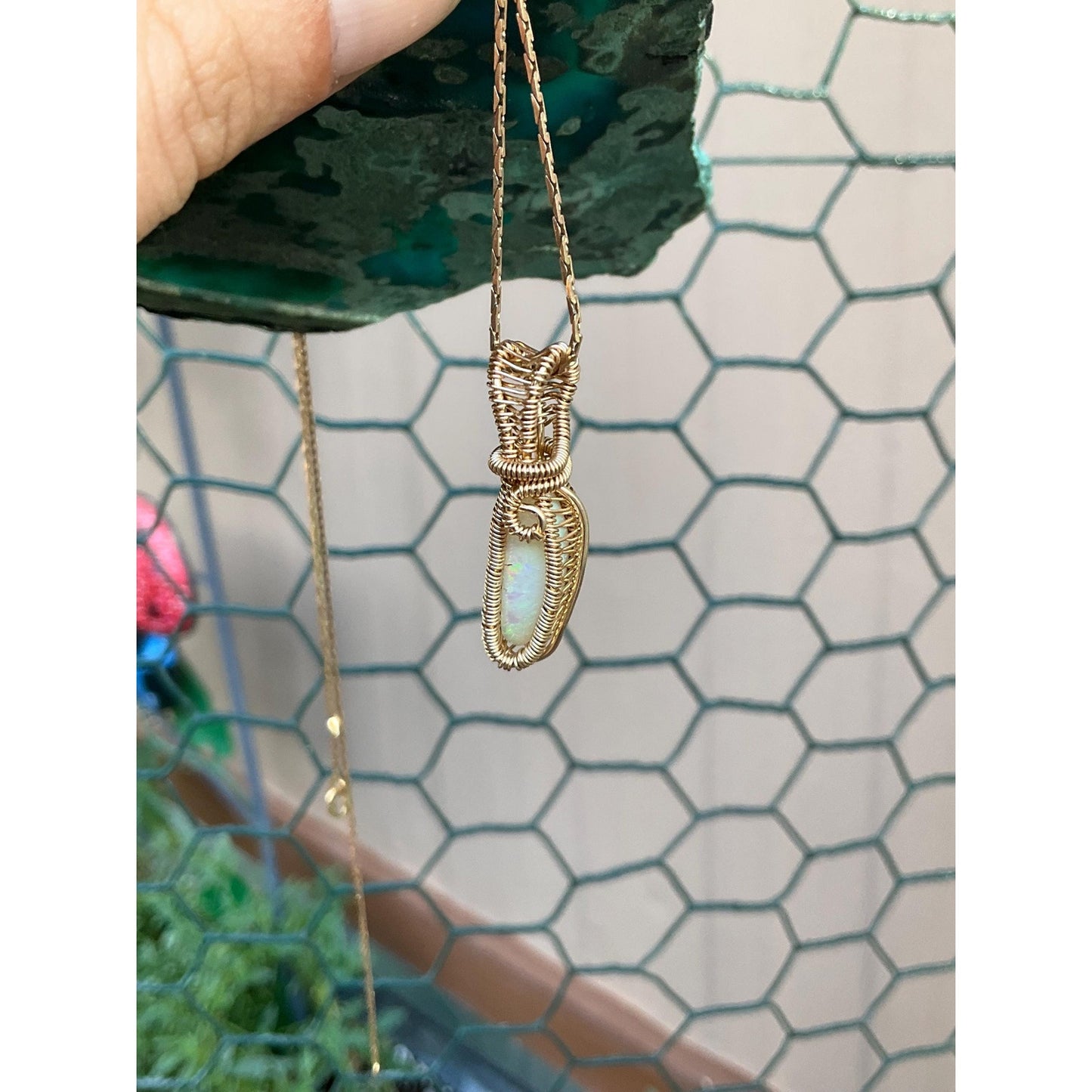 Cooper Pedy Opal In 14K Gold Wire Wrap Pendant
