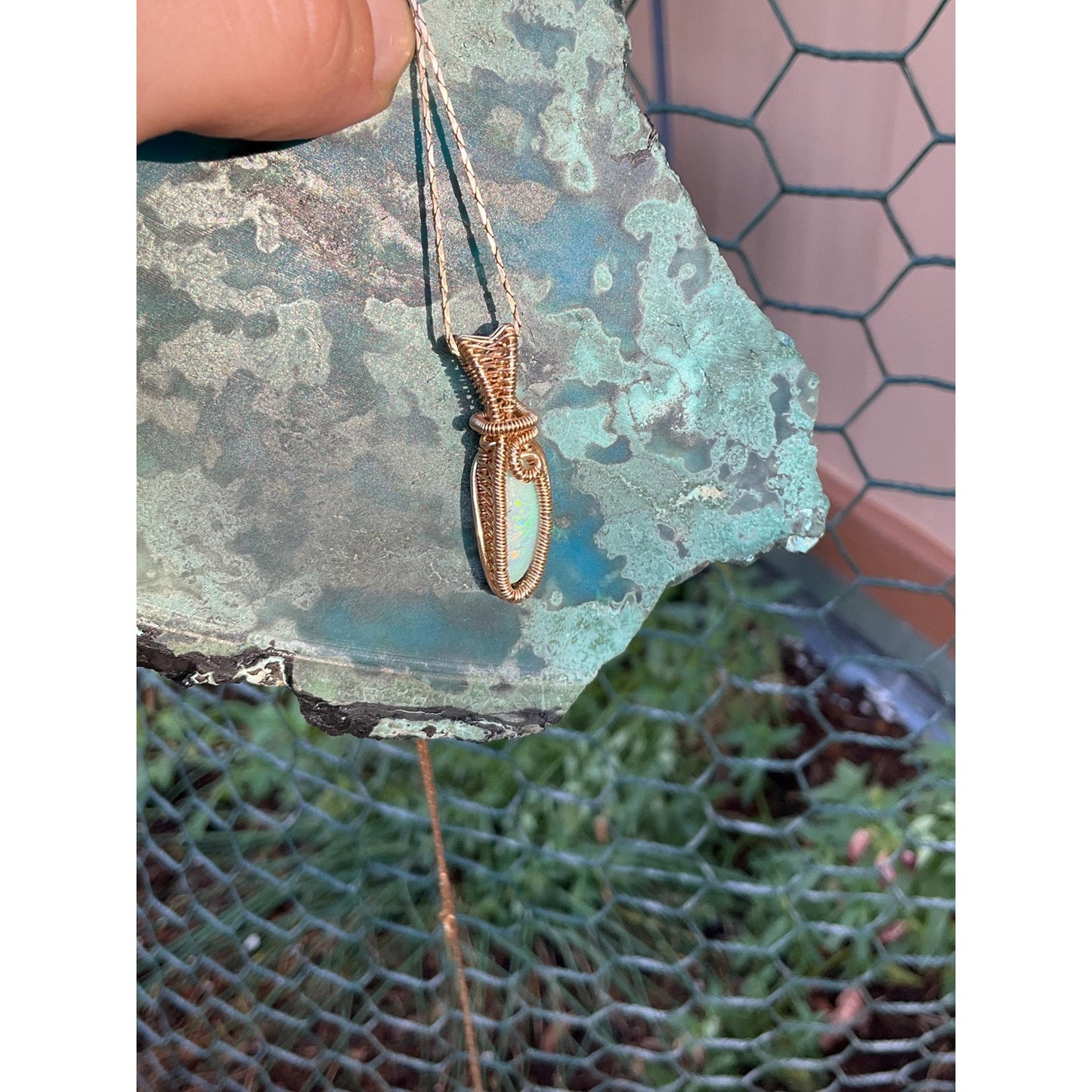 Cooper Pedy Opal In 14K Gold Wire Wrap Pendant