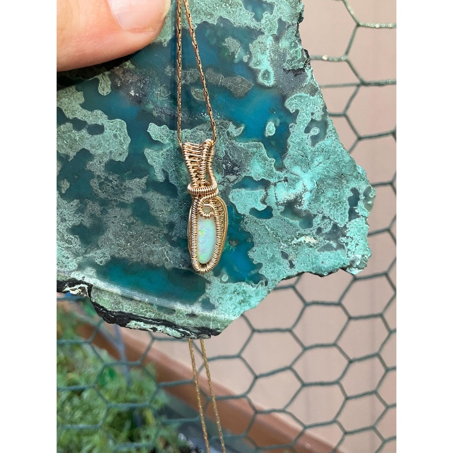 Cooper Pedy Opal In 14K Gold Wire Wrap Pendant