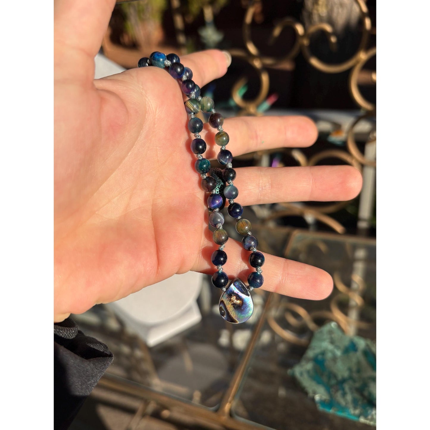 Tiger Eye Hand Knotted Crystal Necklace With Abalone Shell