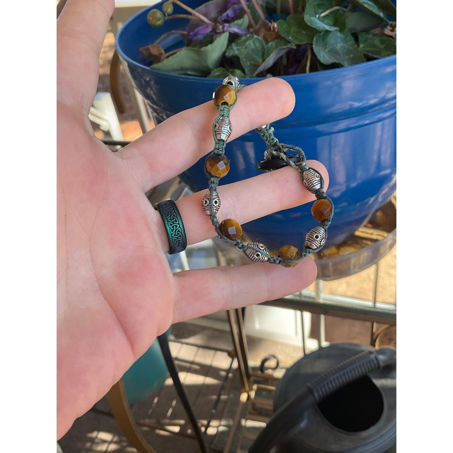 Faceted Tigers Eye Silver Macrame Bracelet