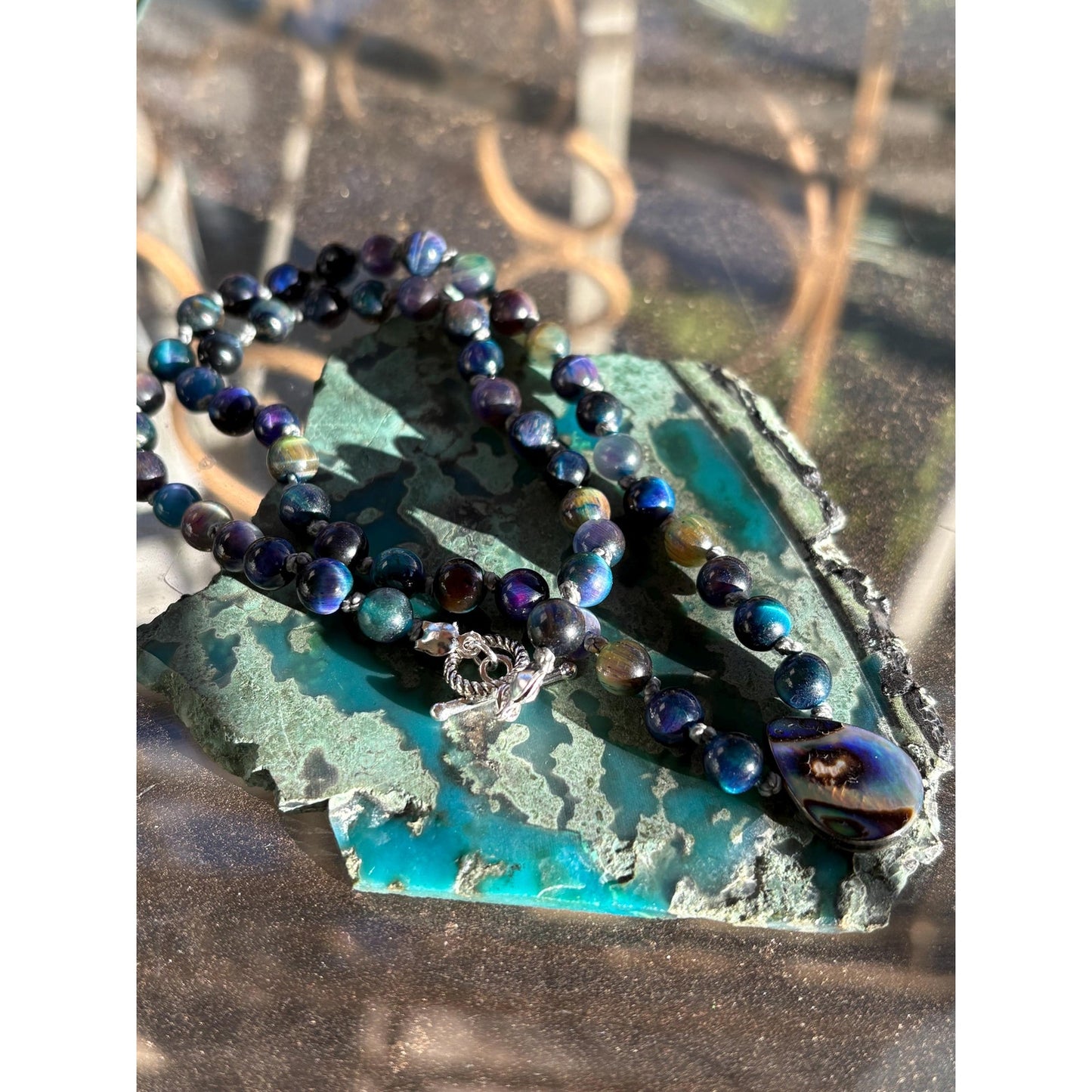Tiger Eye Hand Knotted Crystal Necklace With Abalone Shell