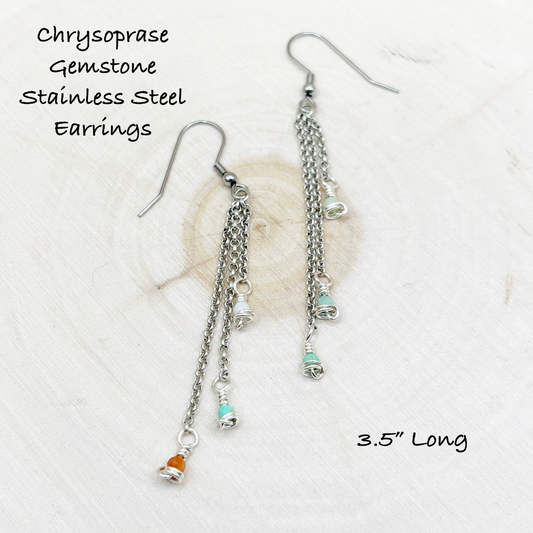 Chrysoprase gemstone stainless steel earrings on a white background