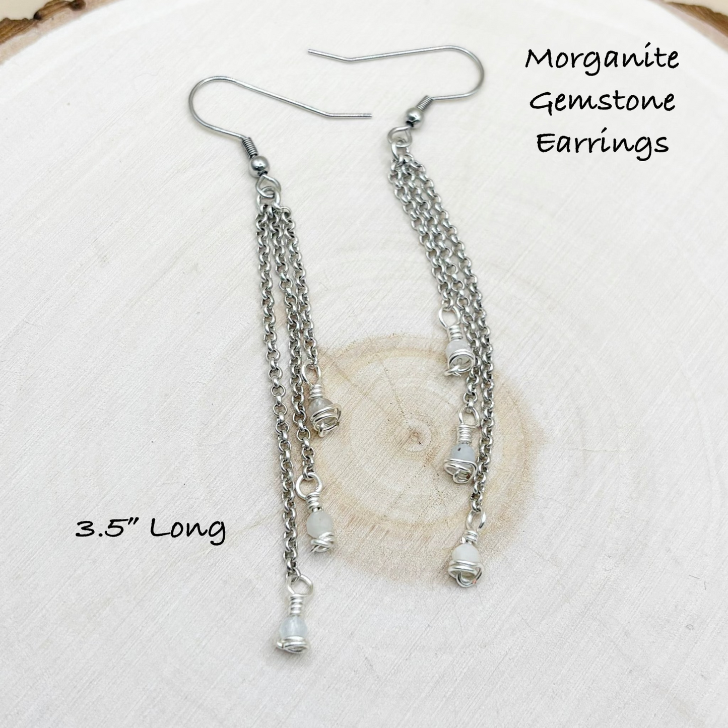 Silver chain earrings on a textured white surface with text indicating 'Morganite Gemstone Earrings' and '3.5" Long'.