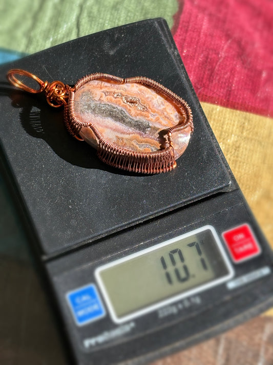 Copper Wire Wrap Mexican Crazy Lace Druzy Agate Pendant