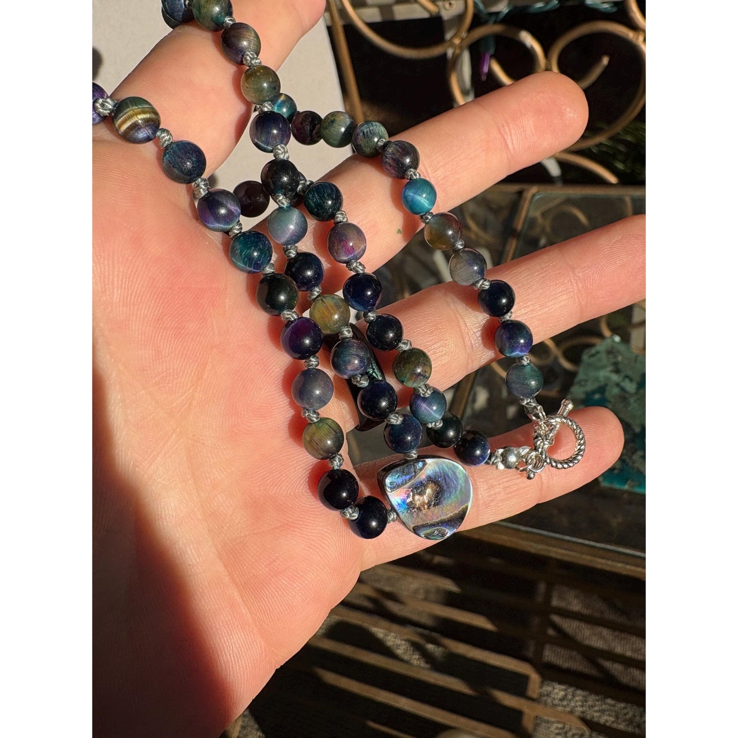 Tiger Eye Hand Knotted Crystal Necklace With Abalone Shell