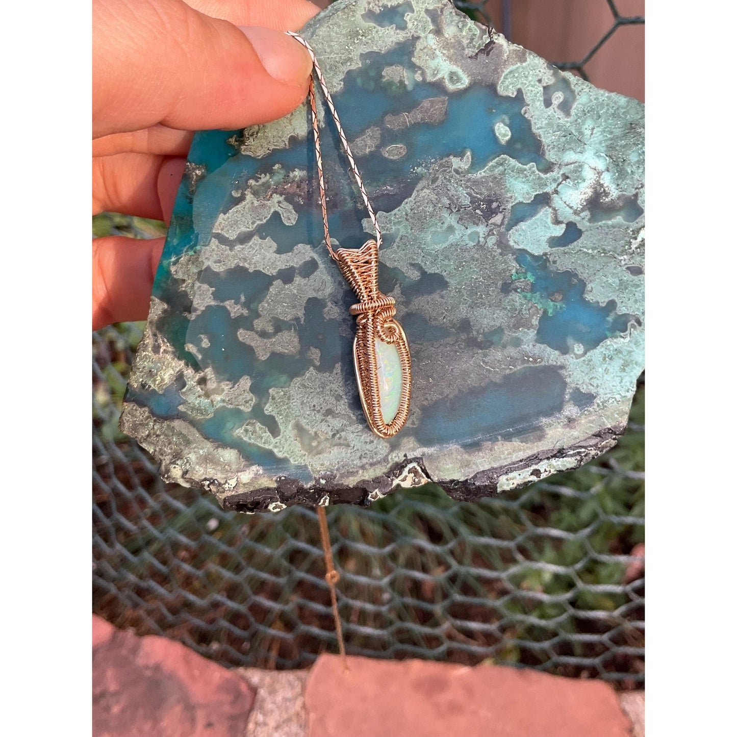 Cooper Pedy Opal In 14K Gold Wire Wrap Pendant