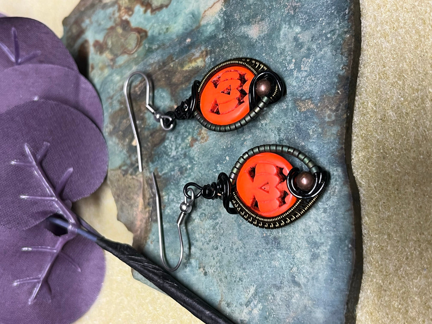 Wire Wrapped Pumpkin Dangle Earrings, Wireweaveduniques