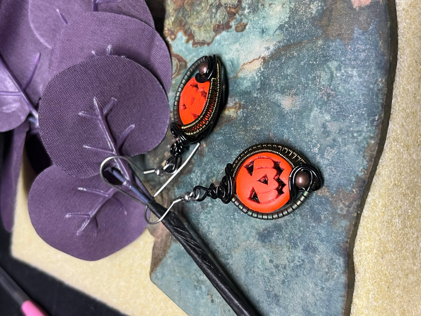Wire Wrapped Pumpkin Dangle Earrings, Wireweaveduniques