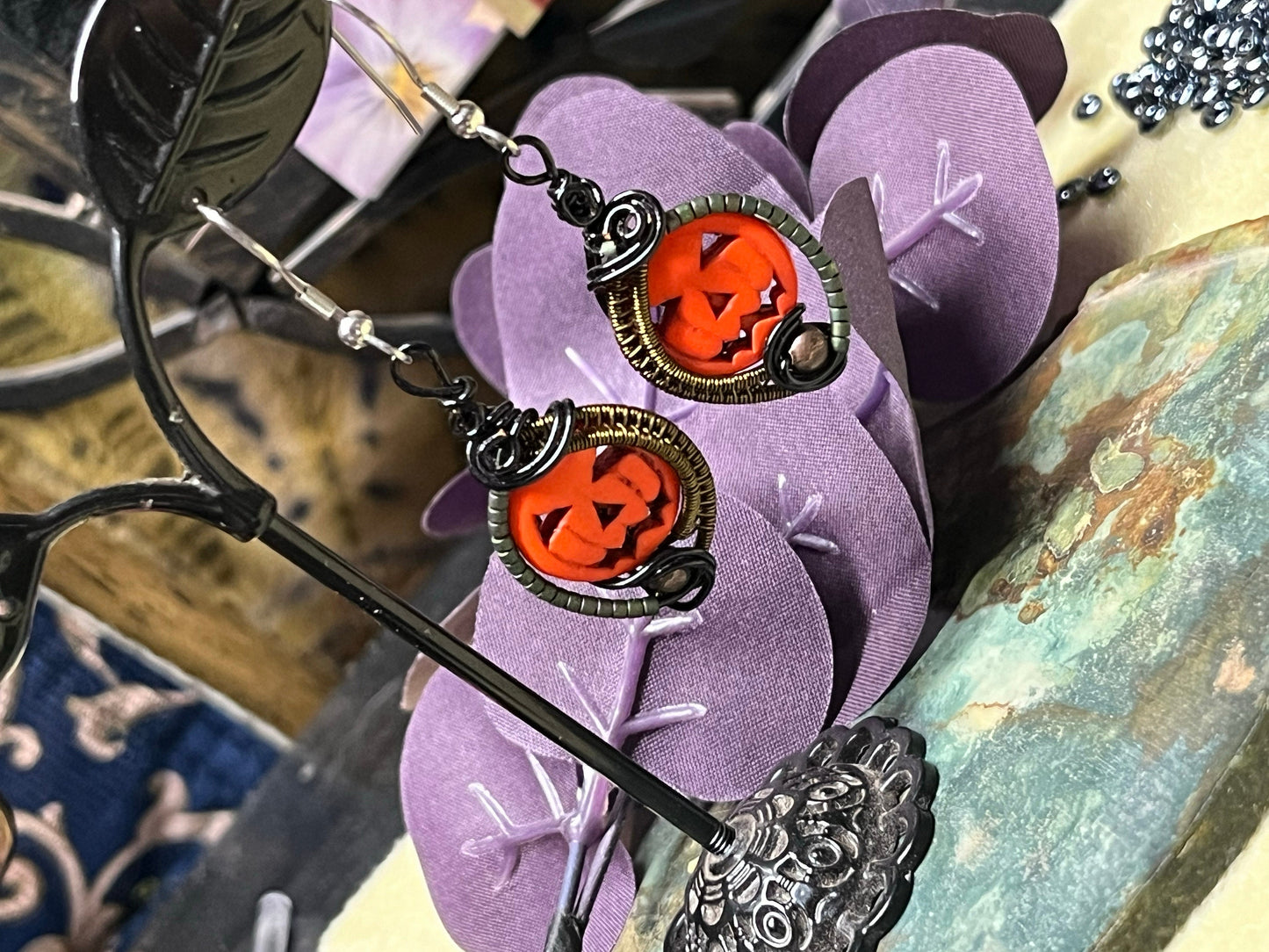 Wire Wrapped Pumpkin Dangle Earrings, Wireweaveduniques