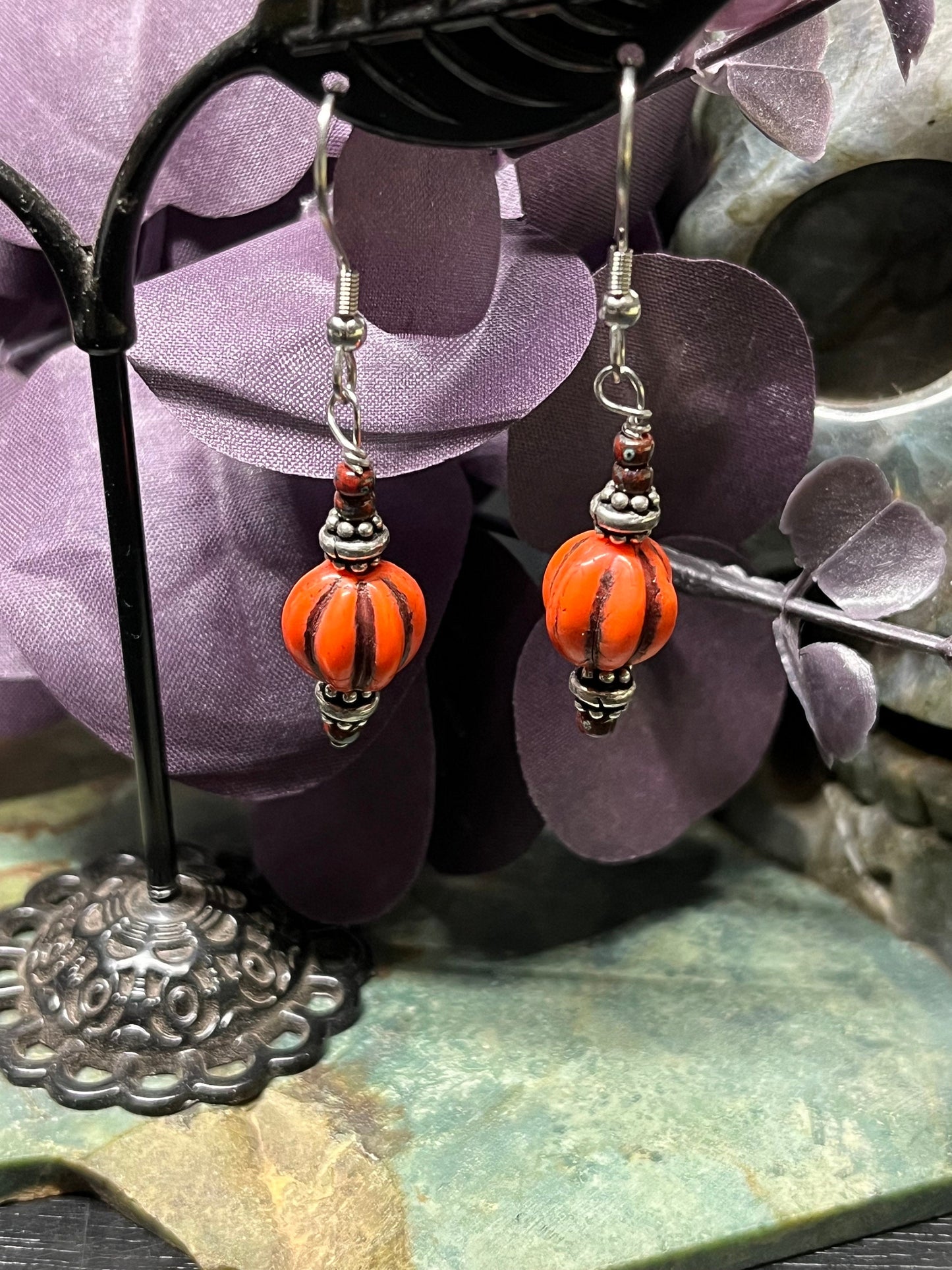 Czech Glass Pumpkin Dangle Earrings