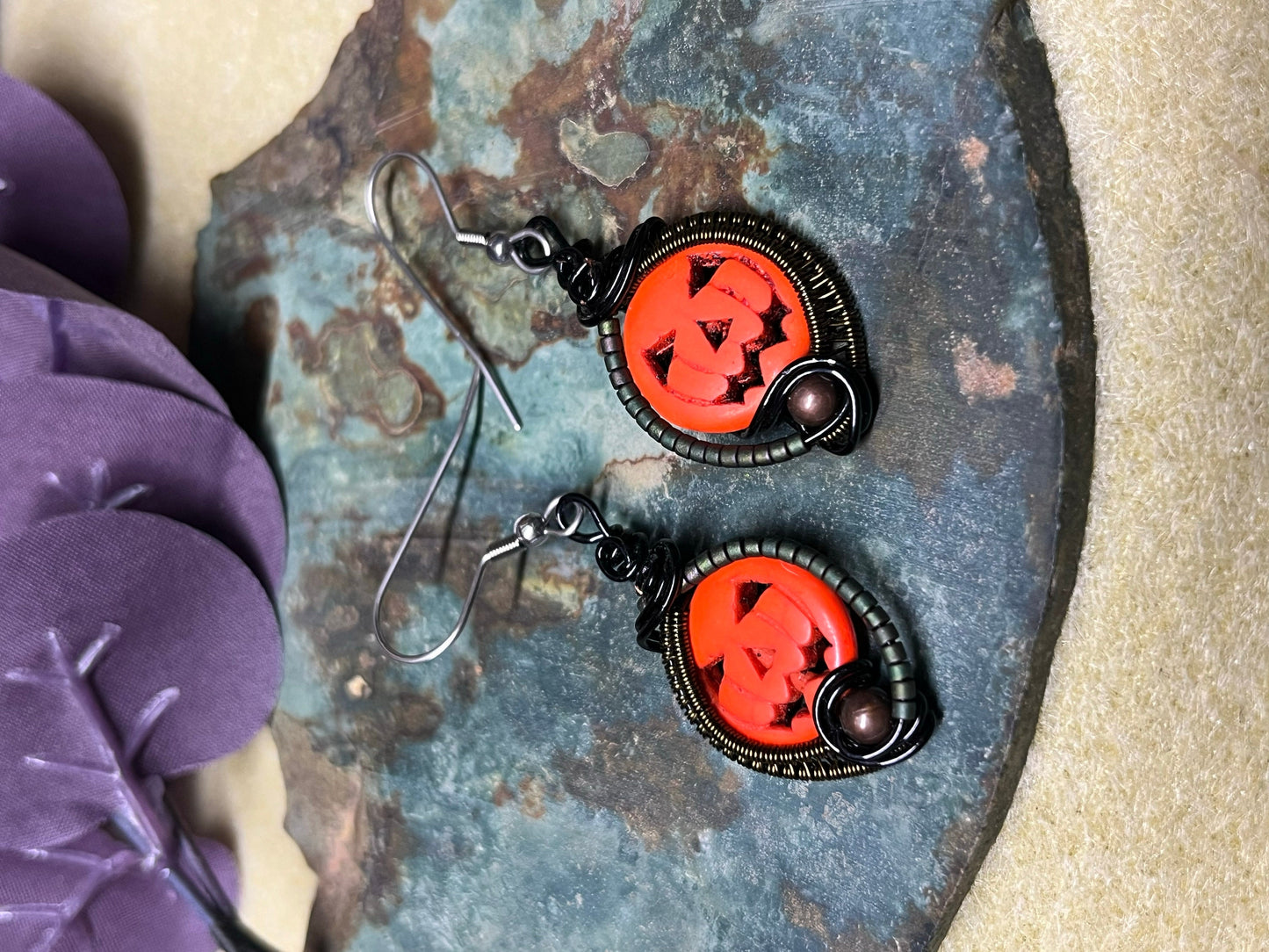 Wire Wrapped Pumpkin Dangle Earrings, Wireweaveduniques