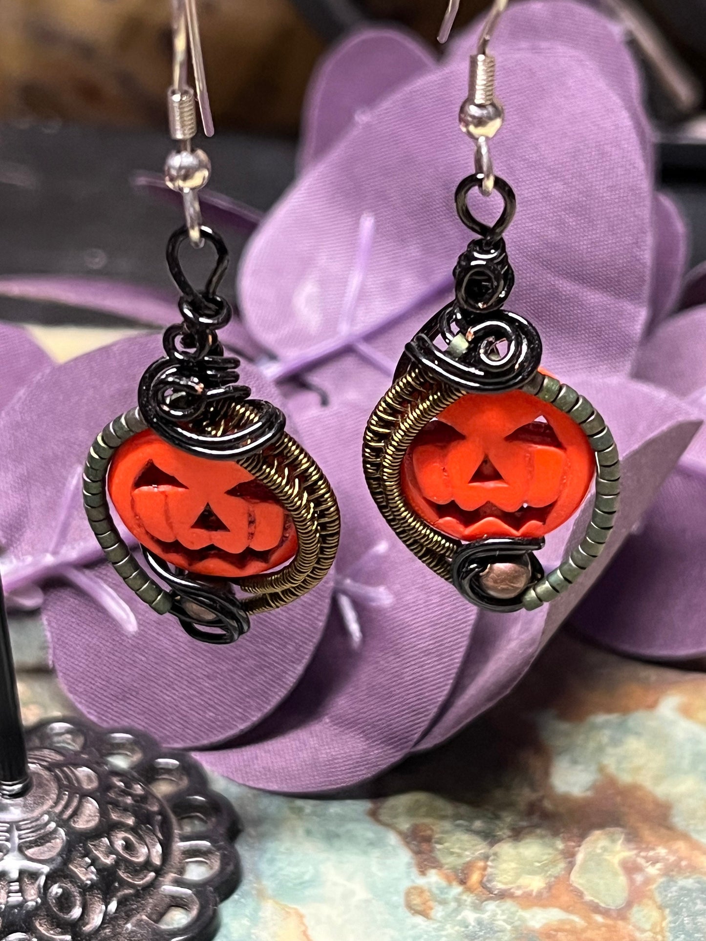 Wire Wrapped Pumpkin Dangle Earrings, Wireweaveduniques
