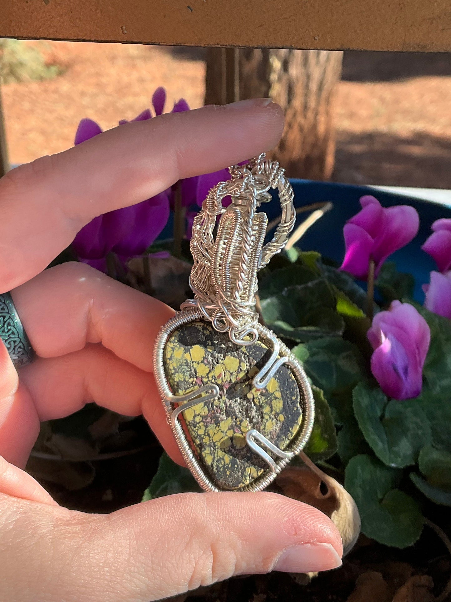 Peacock Turquoise, Sterling Silver Wire Wrap Pendant