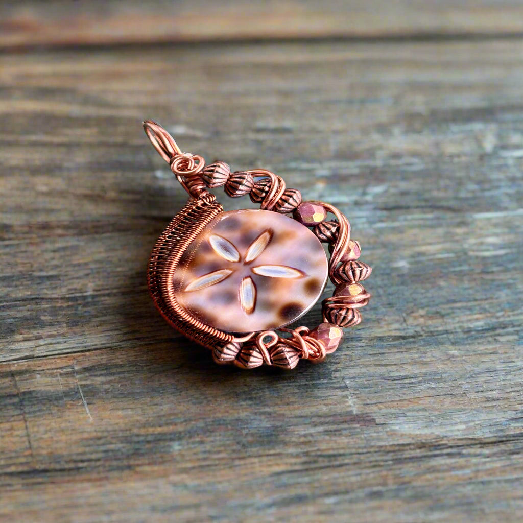 Intricate Wire Wrap Copper Pendant Cowrie Shell Jewelry