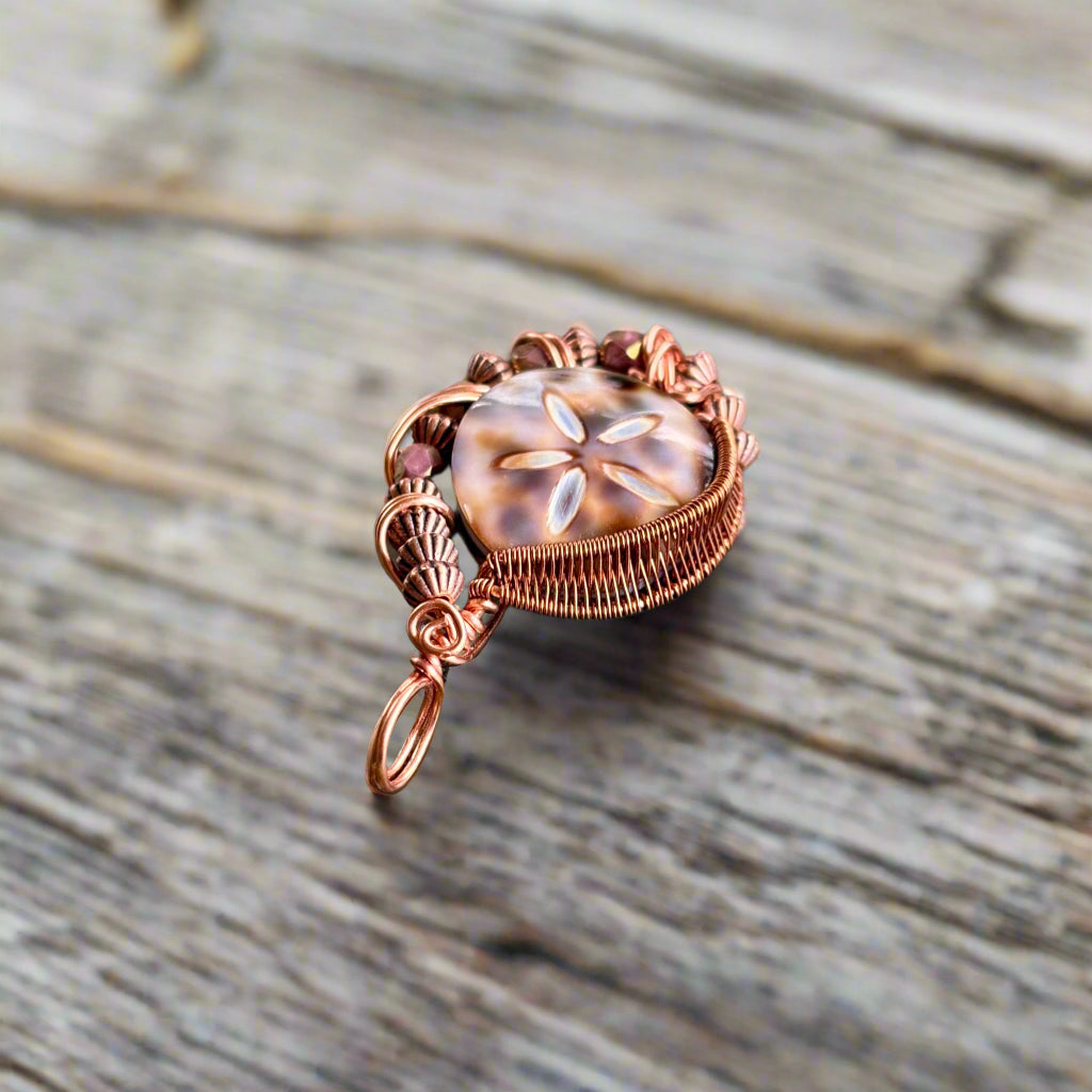 Intricate Wire Wrap Copper Pendant Cowrie Shell Jewelry