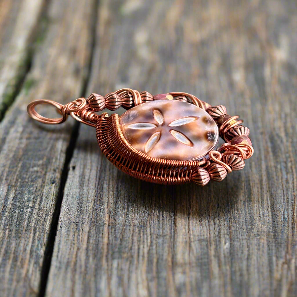 Intricate Wire Wrap Copper Pendant Cowrie Shell Jewelry