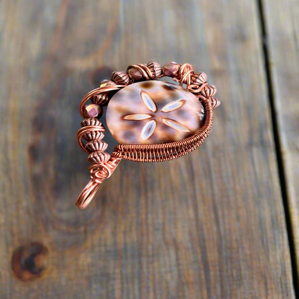 Intricate Wire Wrap Copper Pendant Cowrie Shell Jewelry