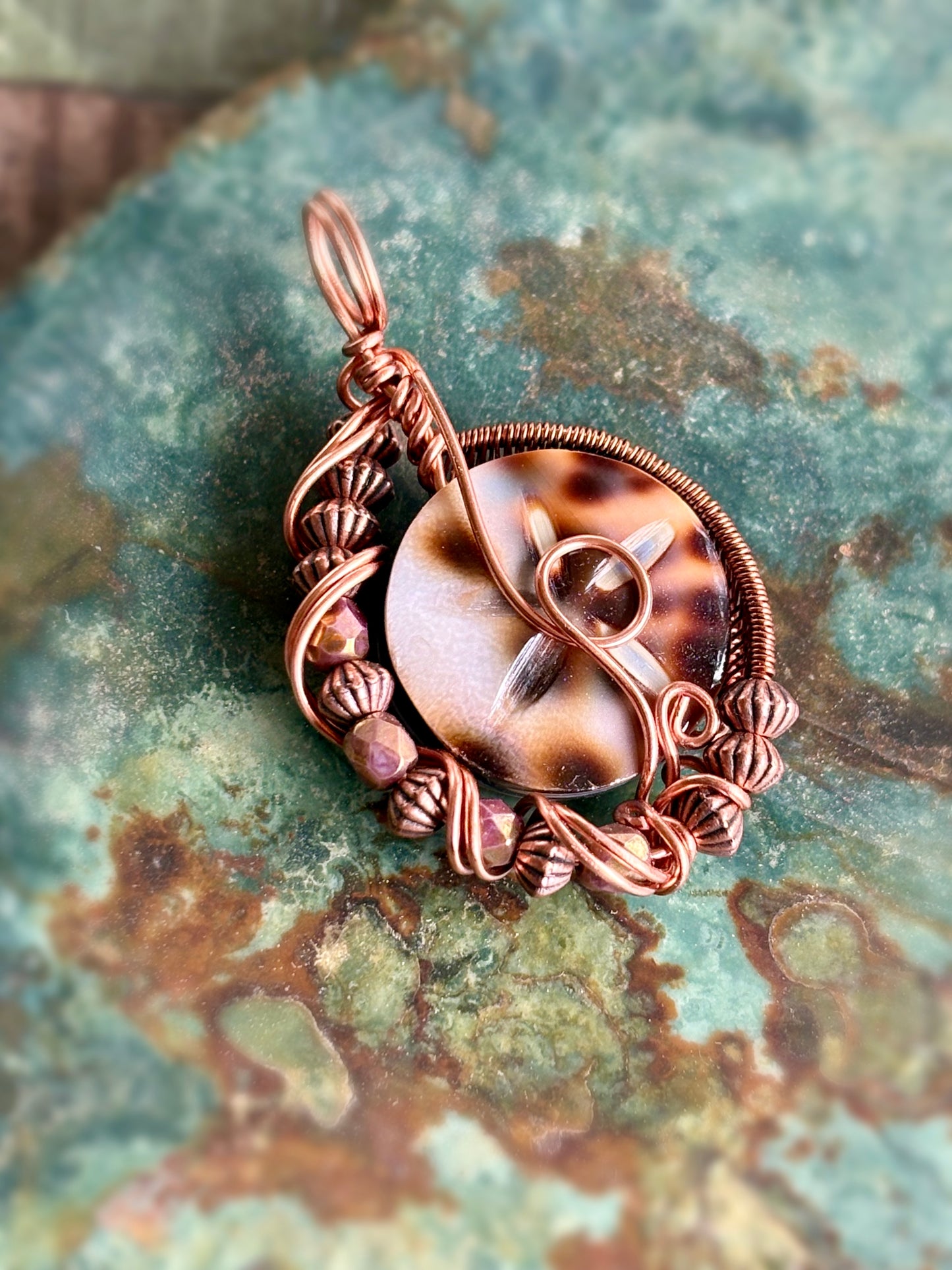 Intricate Wire Wrap Copper Pendant Cowrie Shell Jewelry