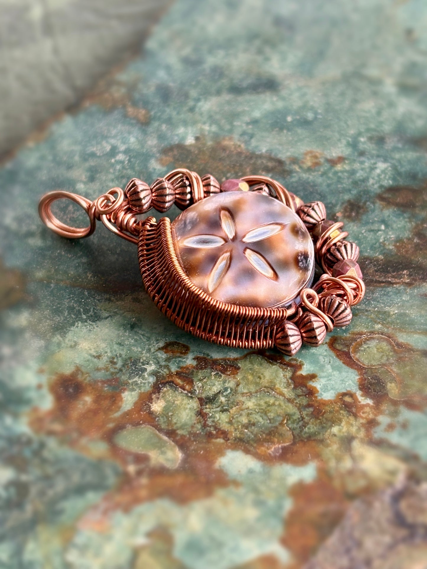 Intricate Wire Wrap Copper Pendant Cowrie Shell Jewelry