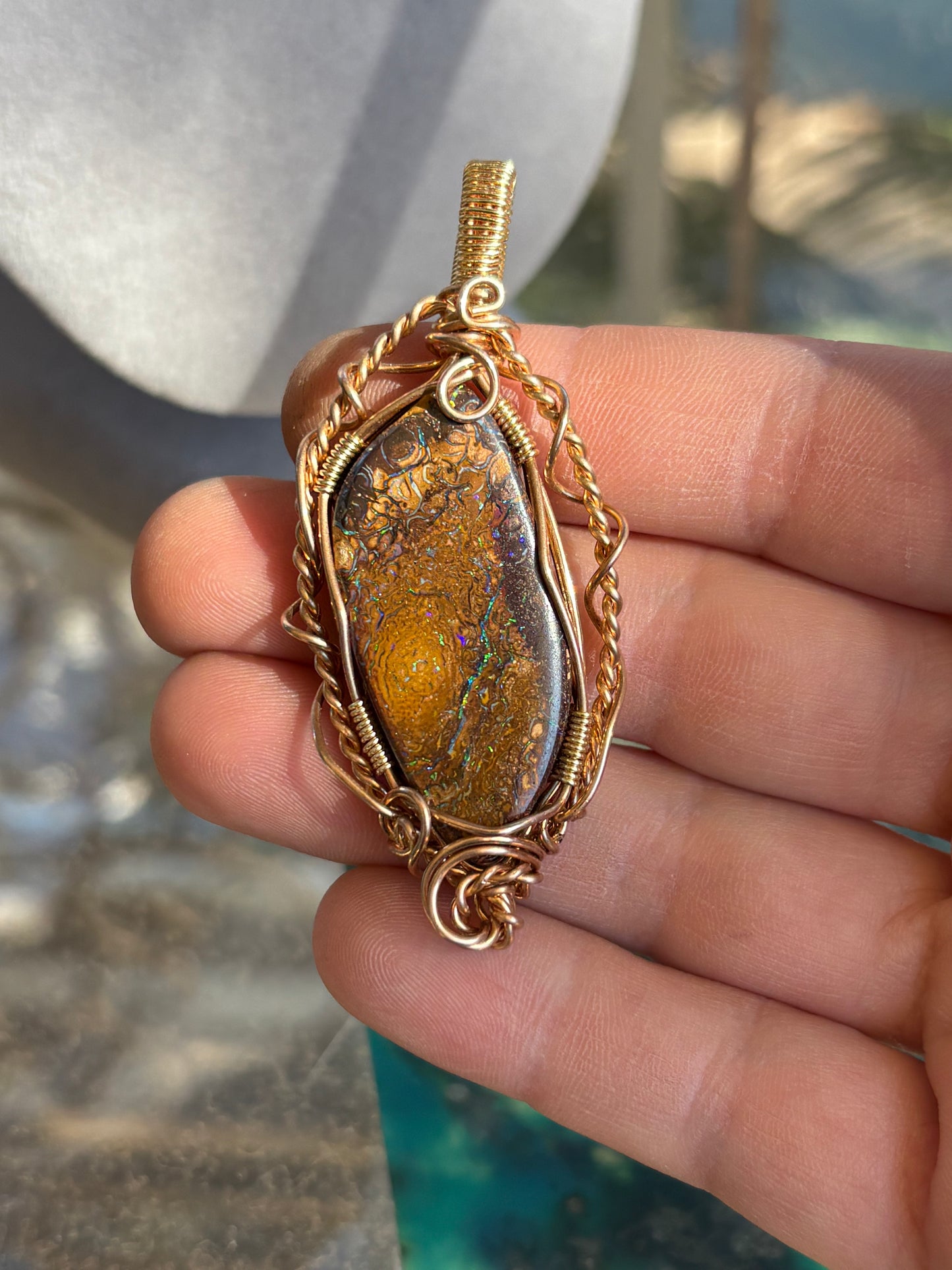 Wire Wrap Pendant Boulder Opal In Jewelers Bronze