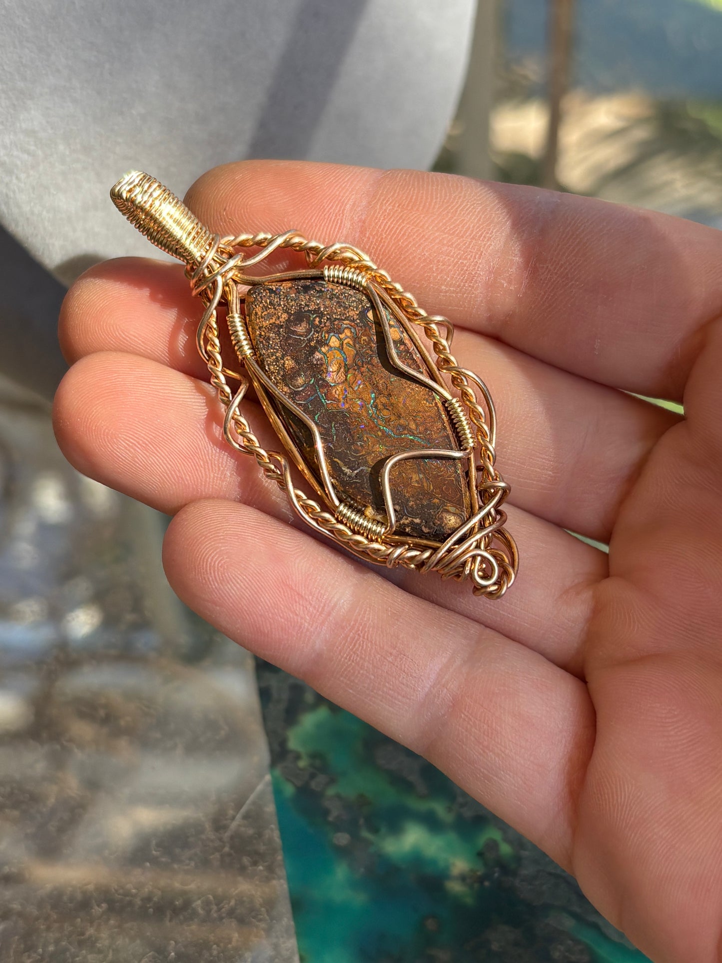 Wire Wrap Pendant Boulder Opal In Jewelers Bronze