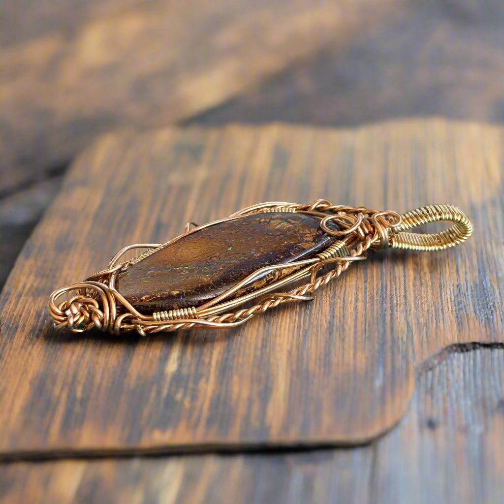 Wire Wrap Pendant Boulder Opal In Jewelers Bronze