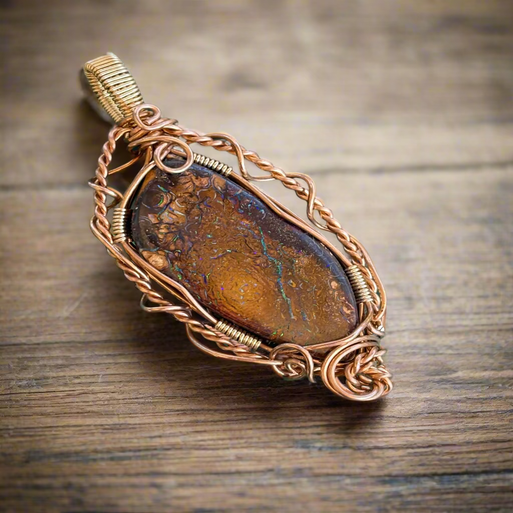 Wire Wrap Pendant Boulder Opal In Jewelers Bronze
