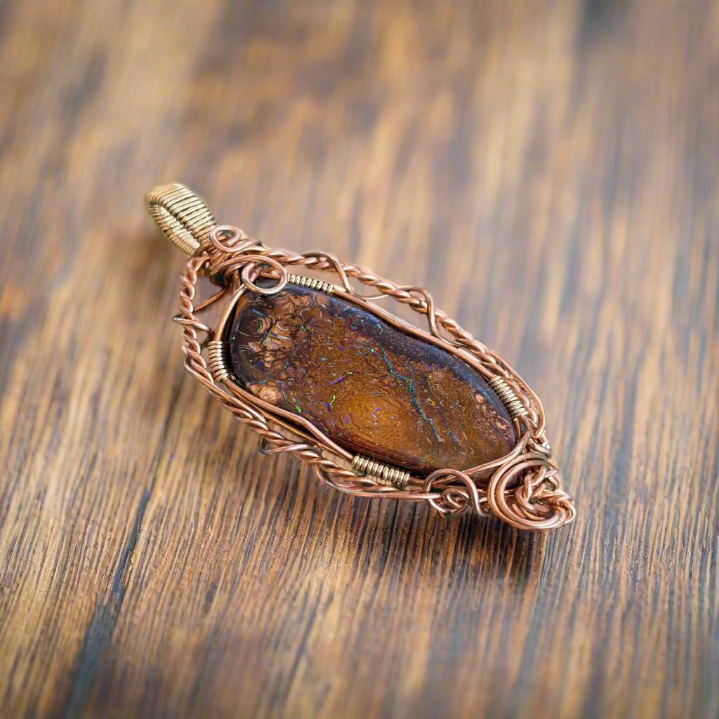 Wire Wrap Pendant Boulder Opal In Jewelers Bronze