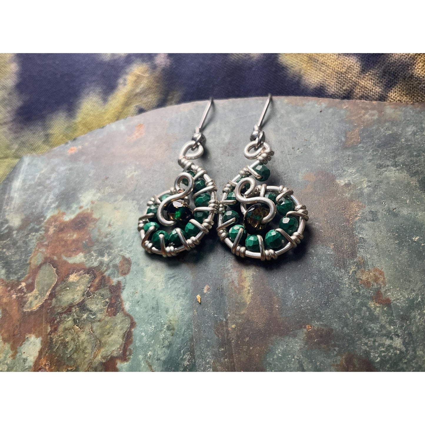 Malachite Swirl Wire Wrap Dangle Earrings