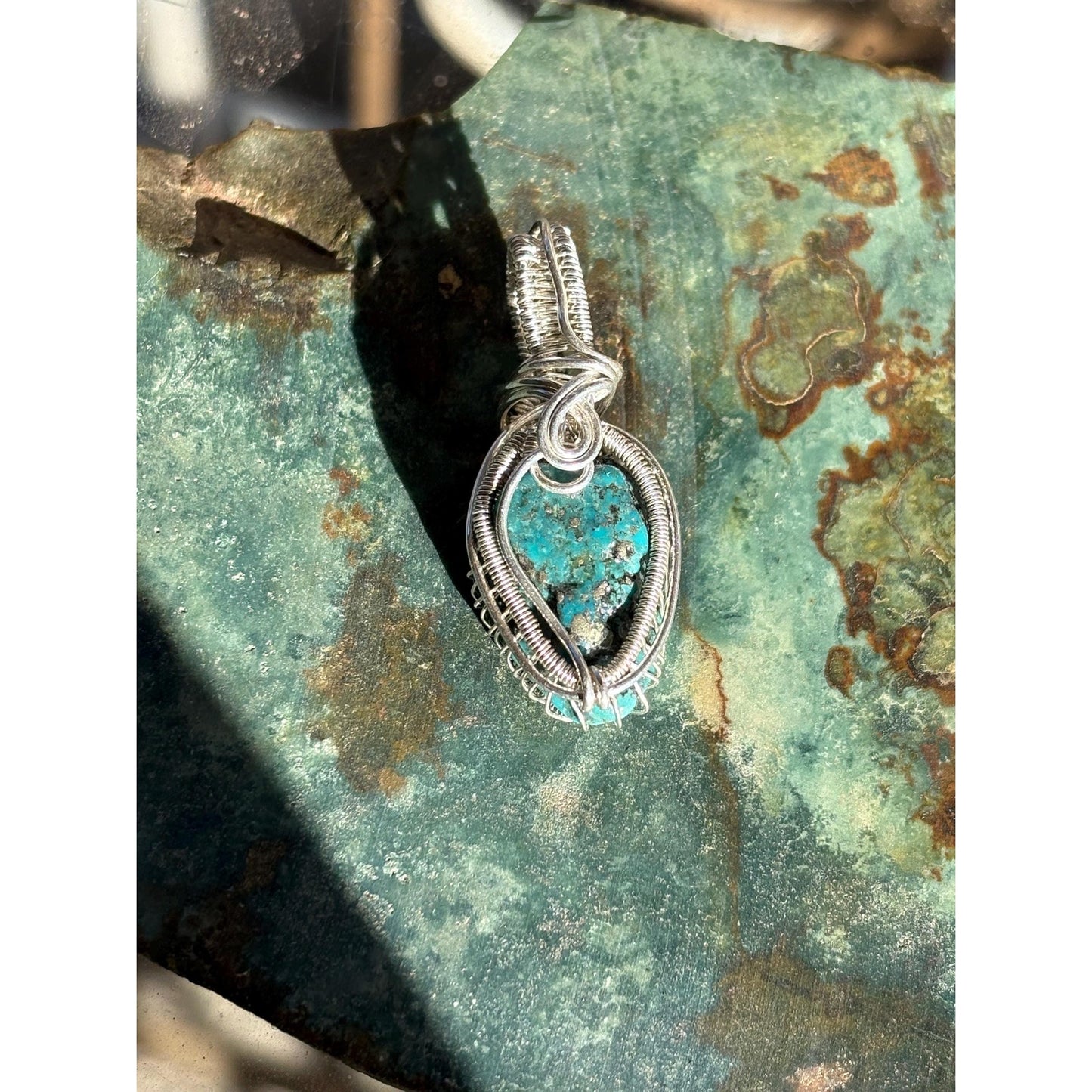 Statement Pendant Sterling Silver Turquoise Wire Wrap