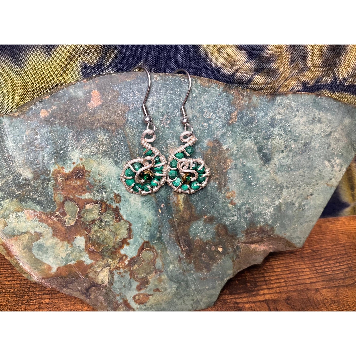 Malachite Swirl Wire Wrap Dangle Earrings