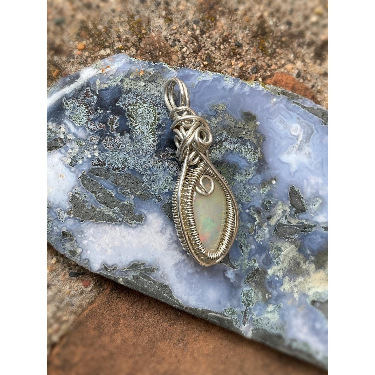 Opal Birthstone Gift For Her Handmade Jewelry Wire Wrap Pendant Sterling Silver Womens Opal Necklace Ethiopian Opal Anniversary Gift