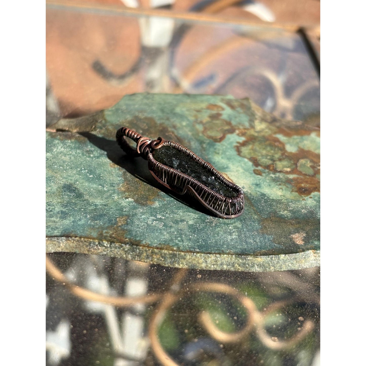 Moldavite Copper Wire Wrap Pendant