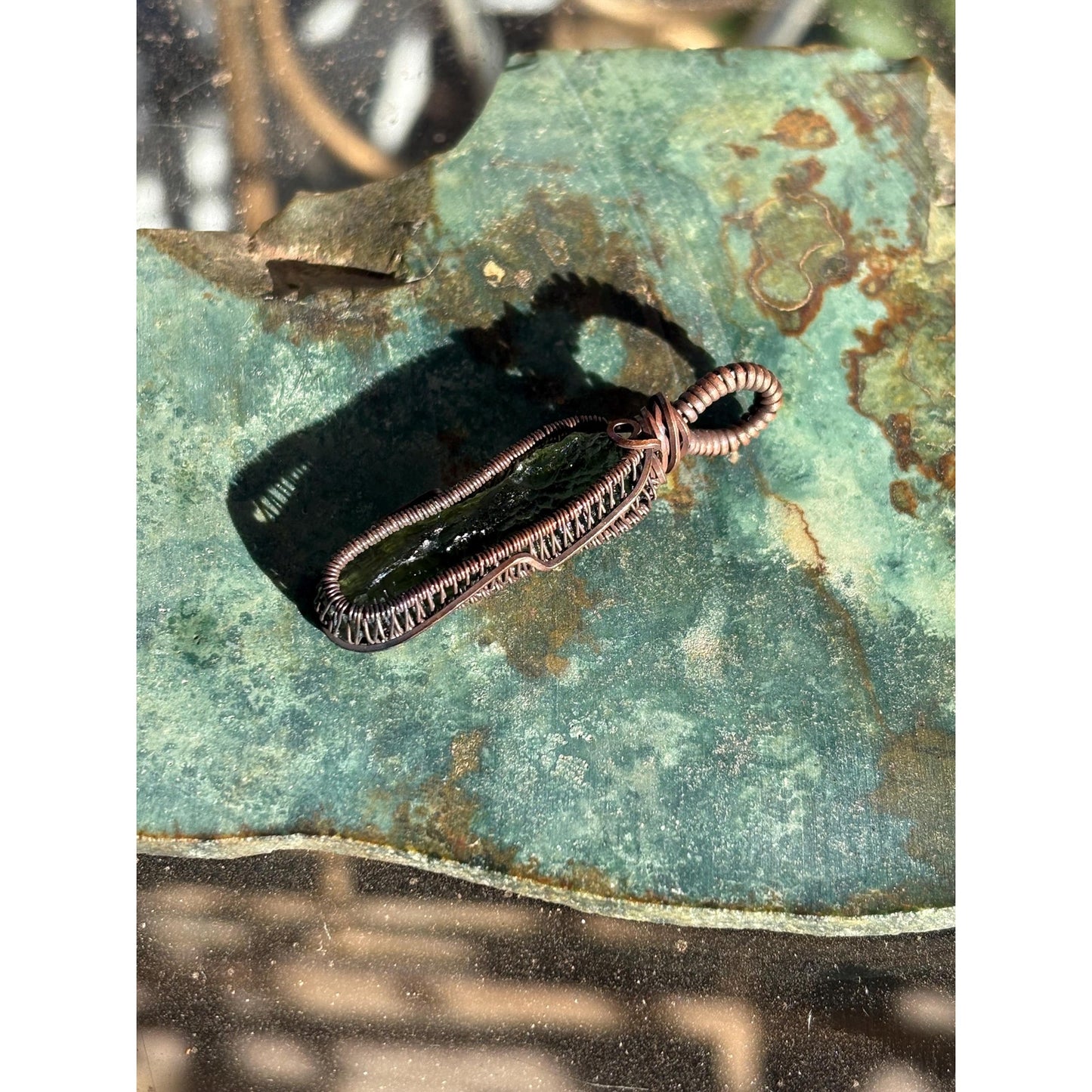 Moldavite Copper Wire Wrap Pendant