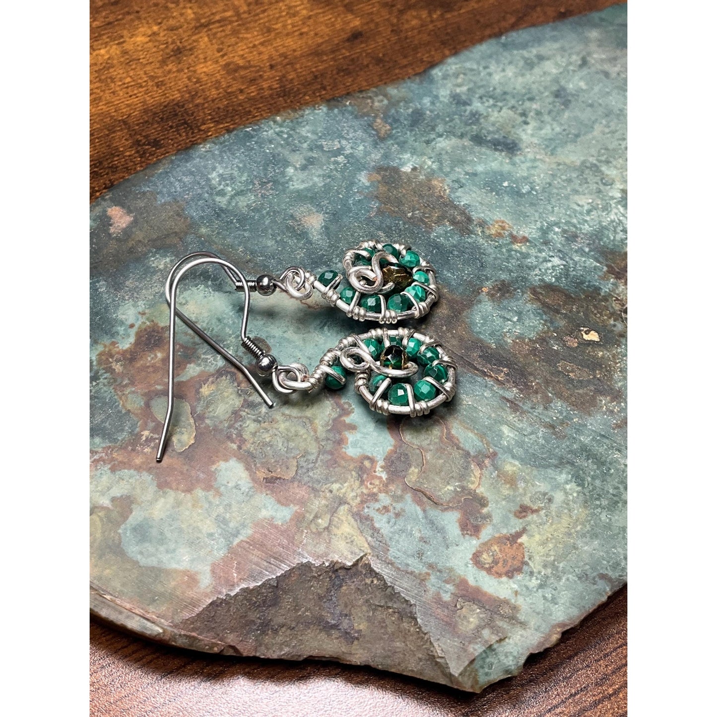 Malachite Swirl Wire Wrap Dangle Earrings