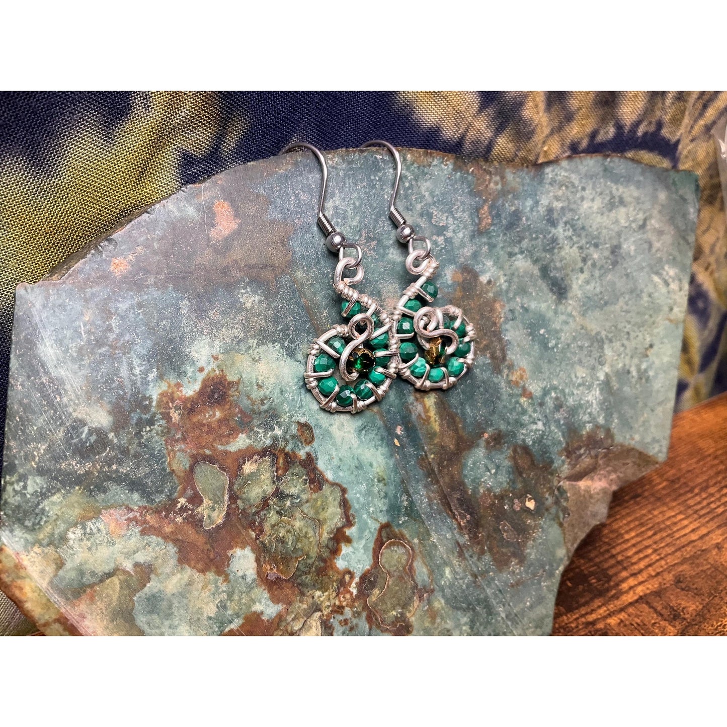 Malachite Swirl Wire Wrap Dangle Earrings