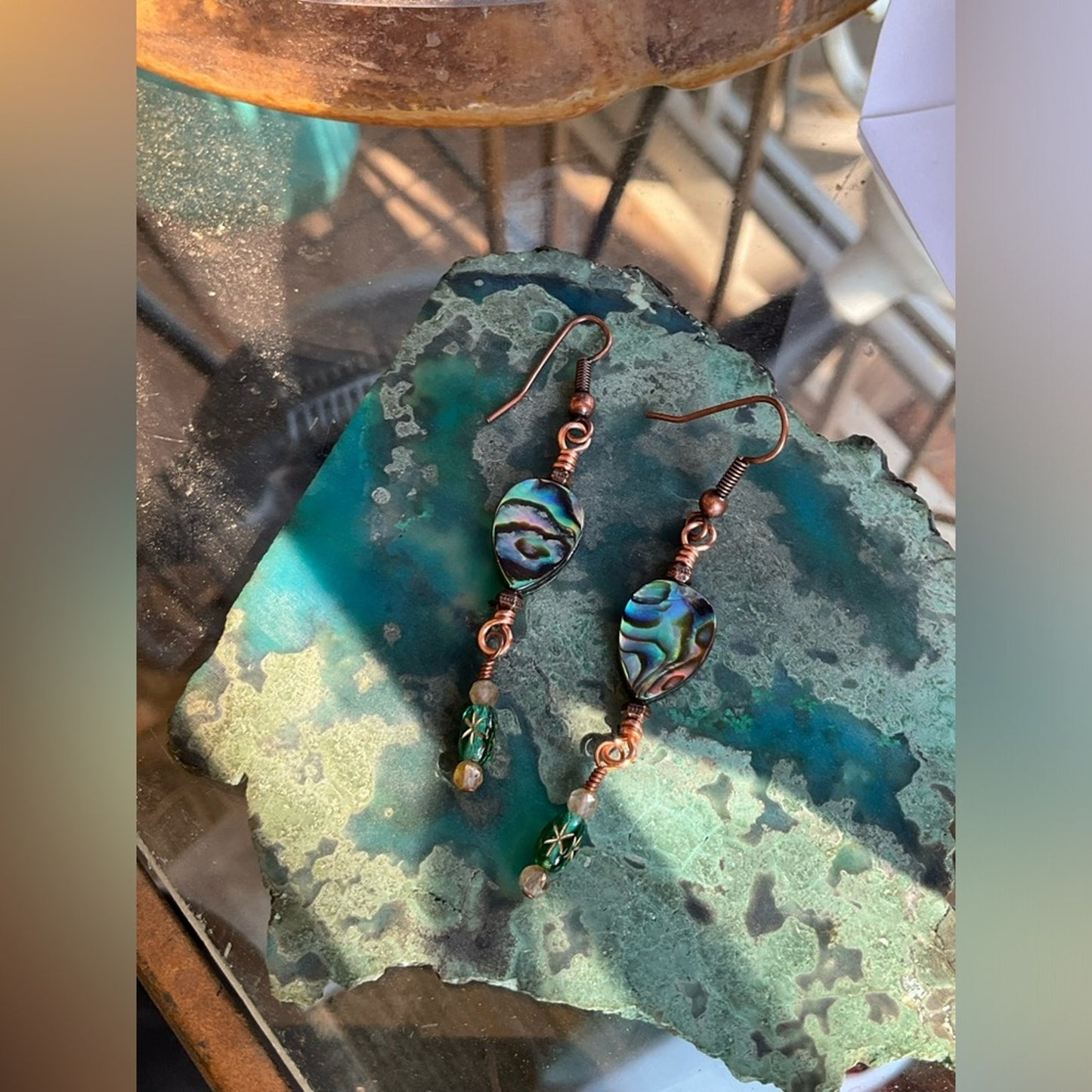 Abalone Shell Copper Earrings With Amber Gemstones