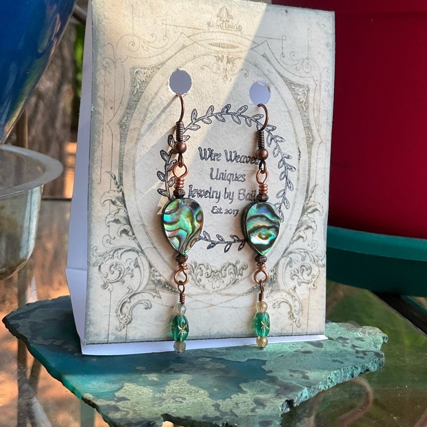 Abalone Shell Copper Earrings With Amber Gemstones