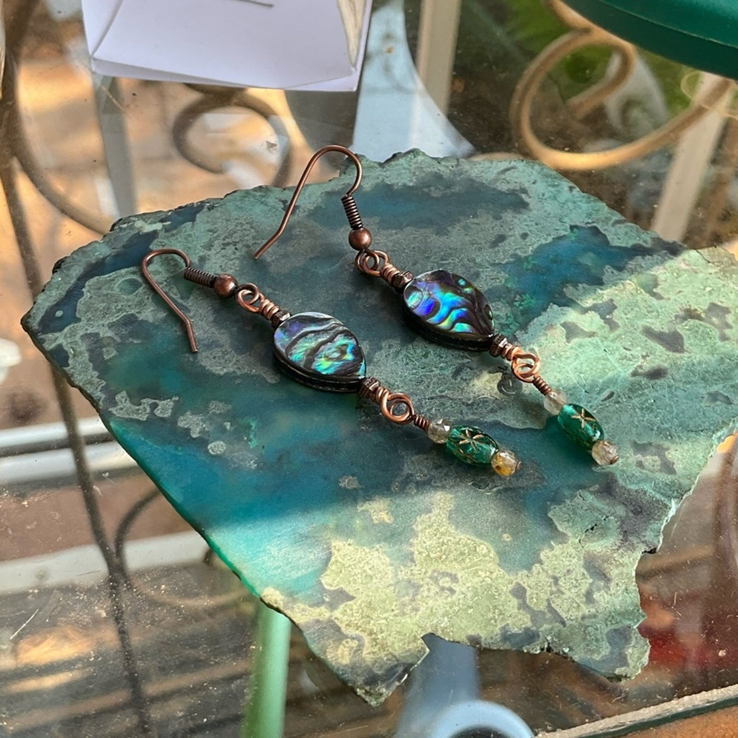 Abalone Shell Copper Earrings With Amber Gemstones