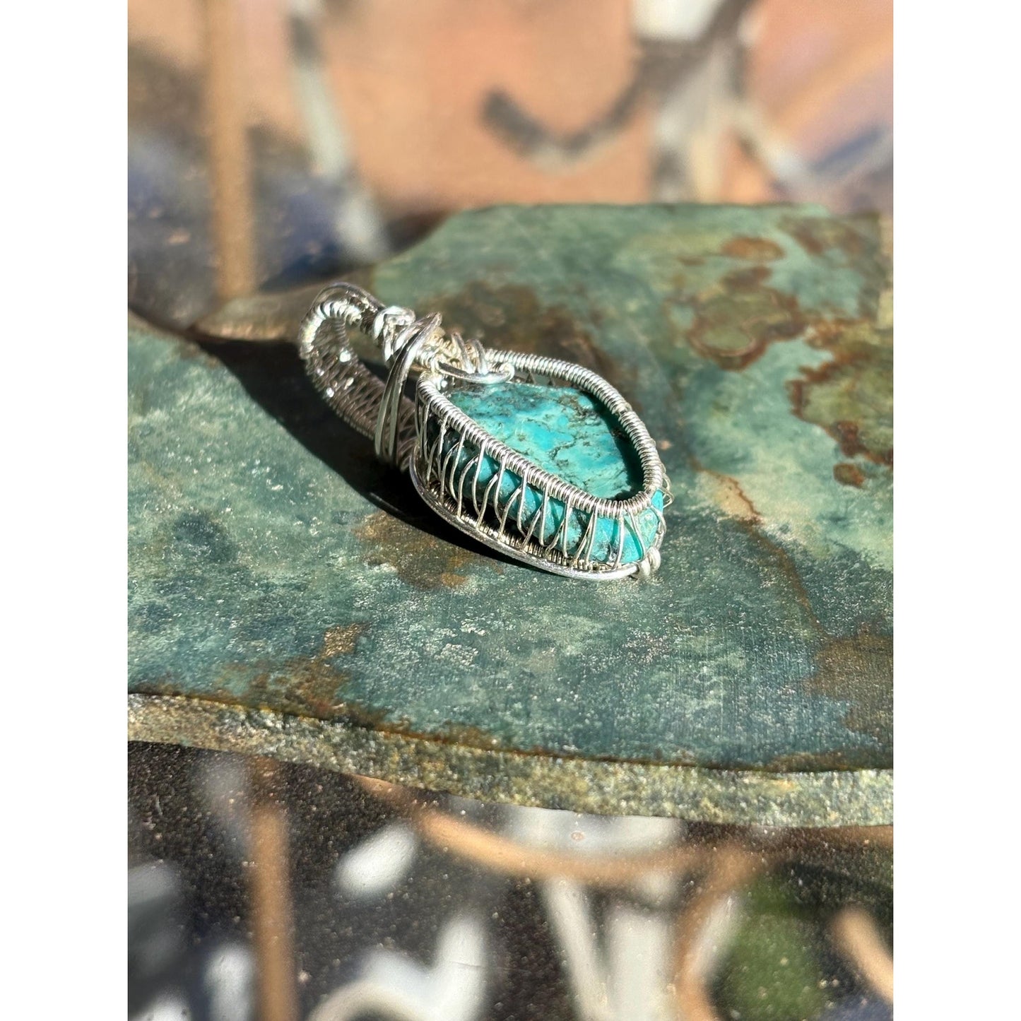 Statement Pendant Sterling Silver Turquoise Wire Wrap