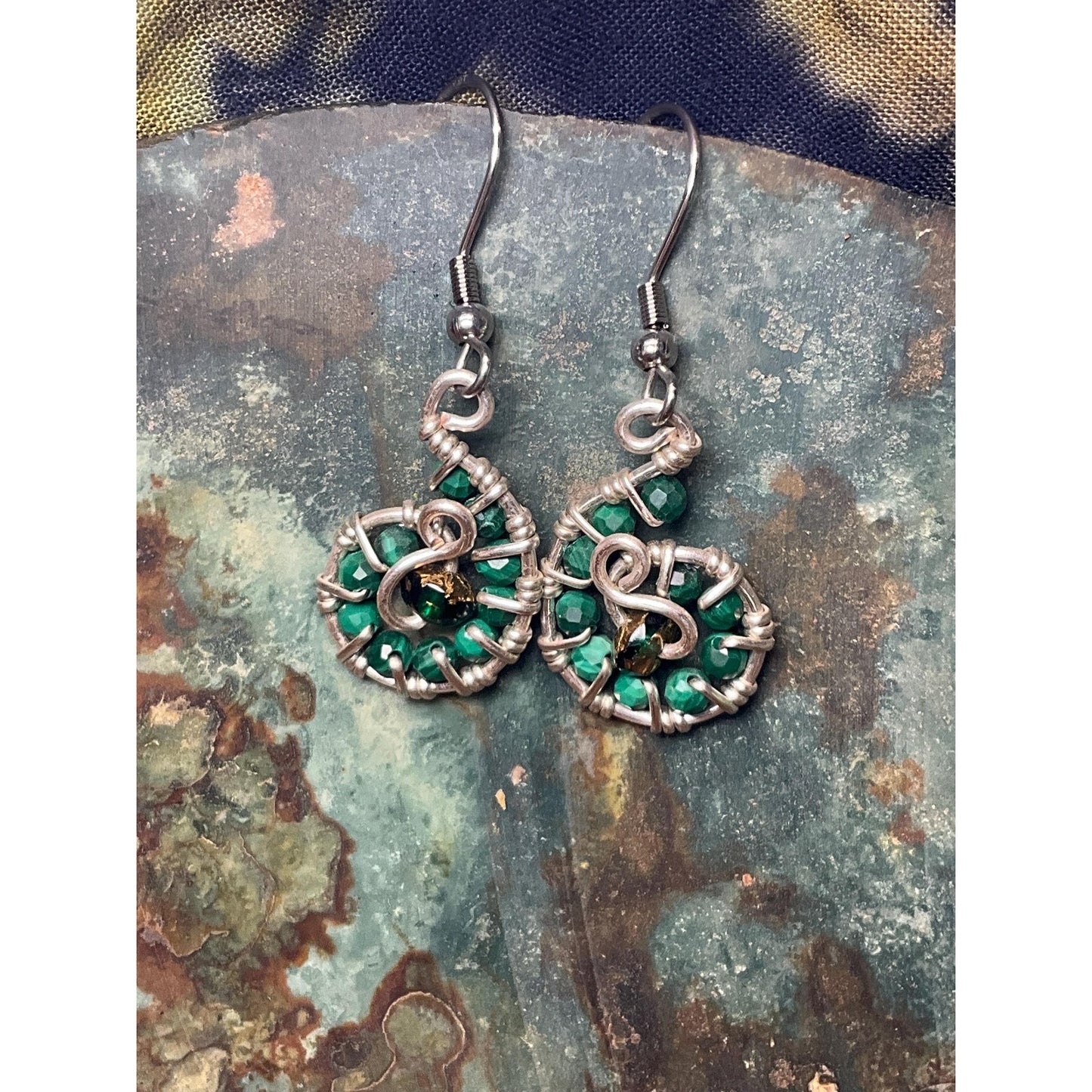 Malachite Swirl Wire Wrap Dangle Earrings