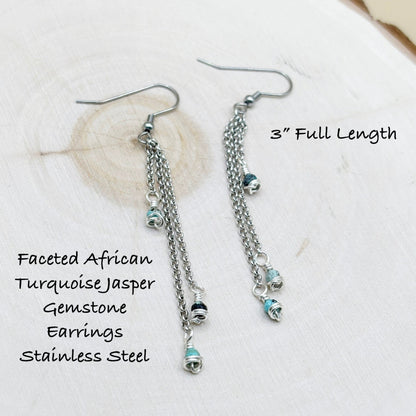 Faceted African Turquoise Jasper Gemstone Earrings with stainless steel chain on a white background