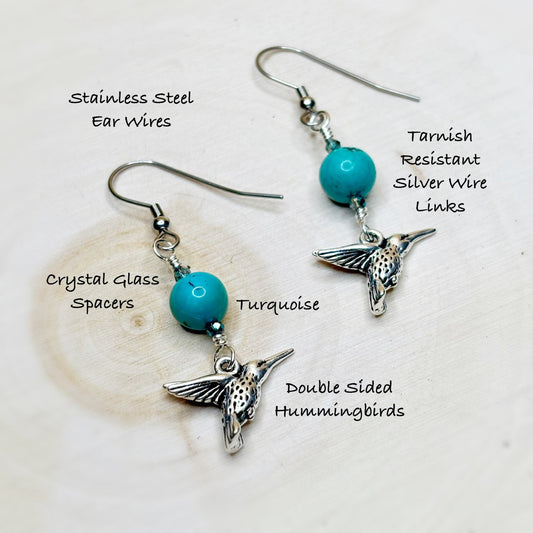 Turquoise hummingbird earrings with text detailing material properties on a white background