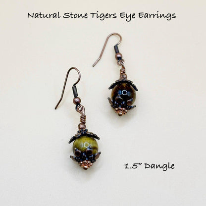 Pair of natural stone tiger's eye earrings on a light background with text indicating type and dangle length.