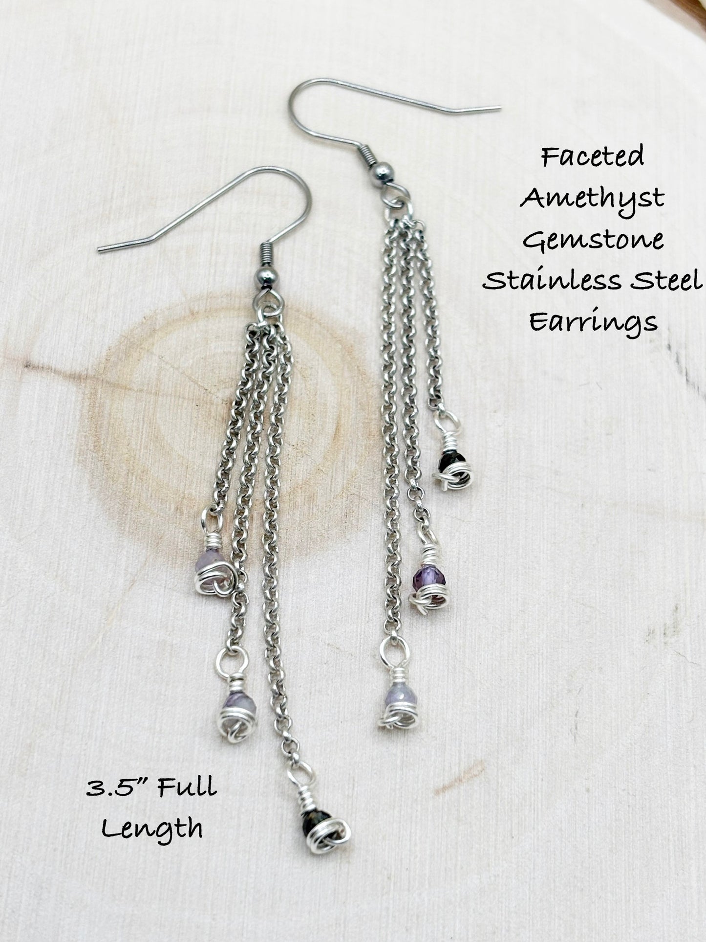 Faceted Amethyst Gemstone Stainless Steel Earrings on a white background