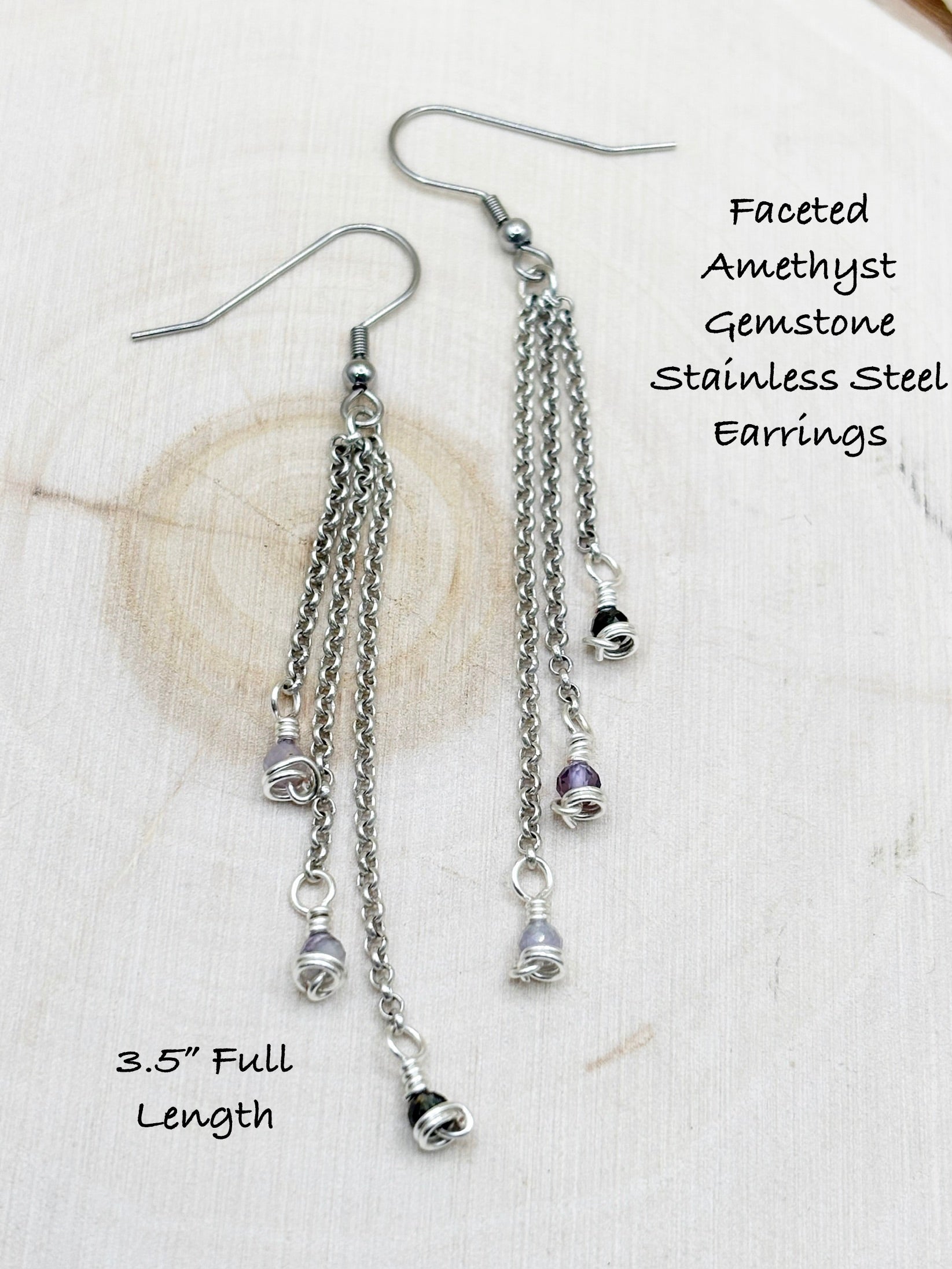 Faceted Amethyst Gemstone Stainless Steel Earrings on a white background