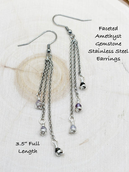 Faceted Amethyst Gemstone Stainless Steel Earrings on a white background
